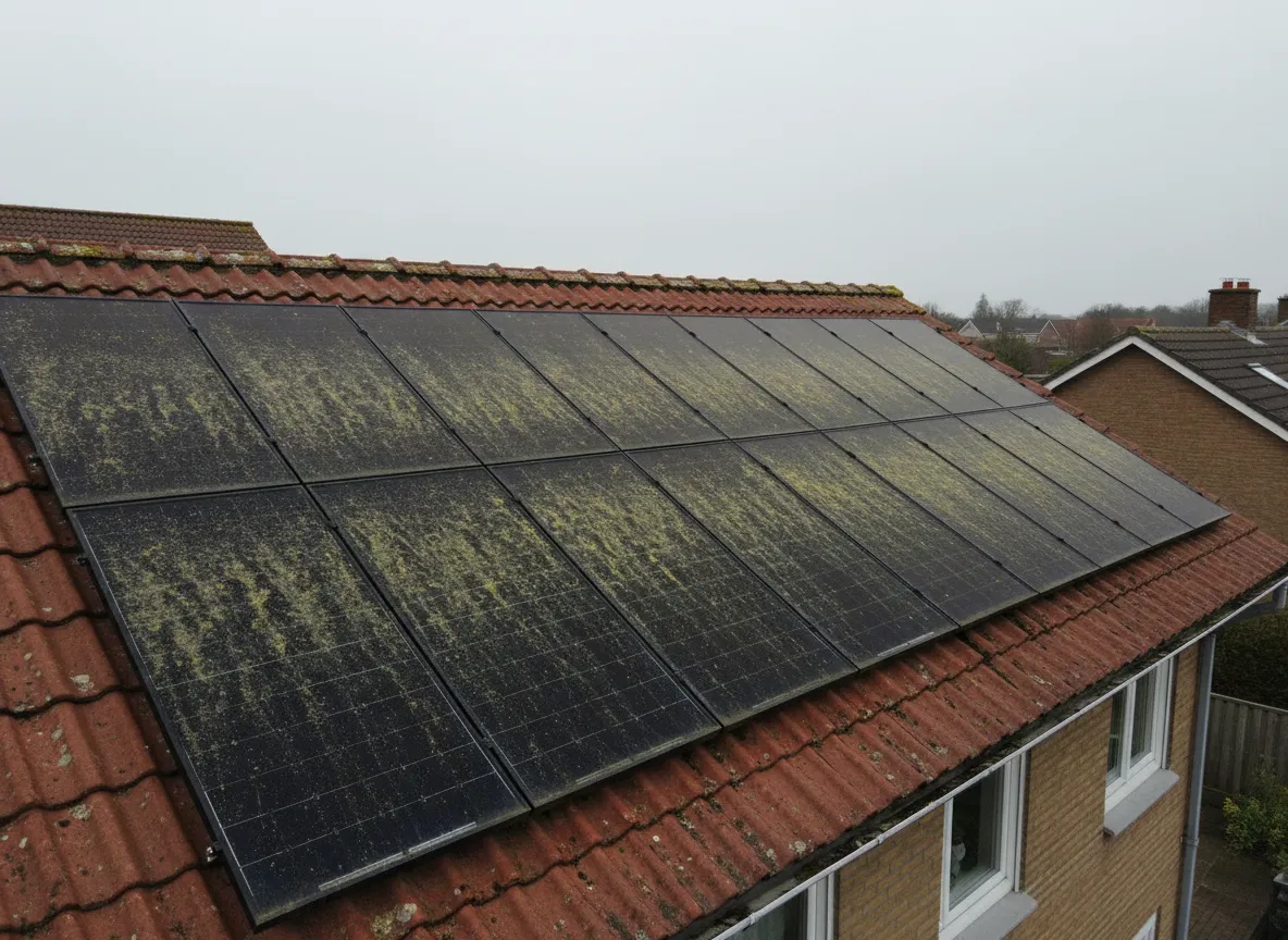 Reinigung einer Photovoltaik-Anlage auf einem Hausdach in Schöneiche