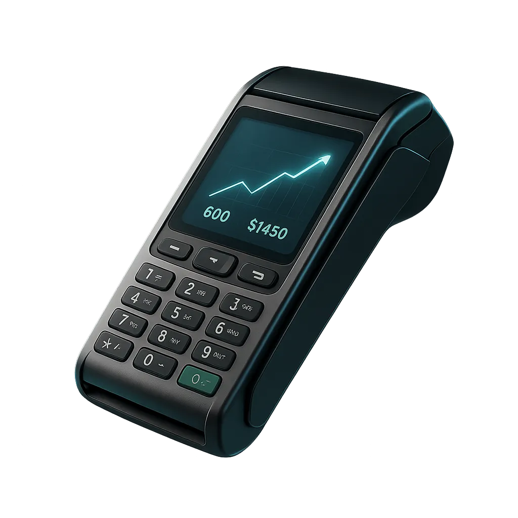 Modern credit card terminal displaying savings and zero fees