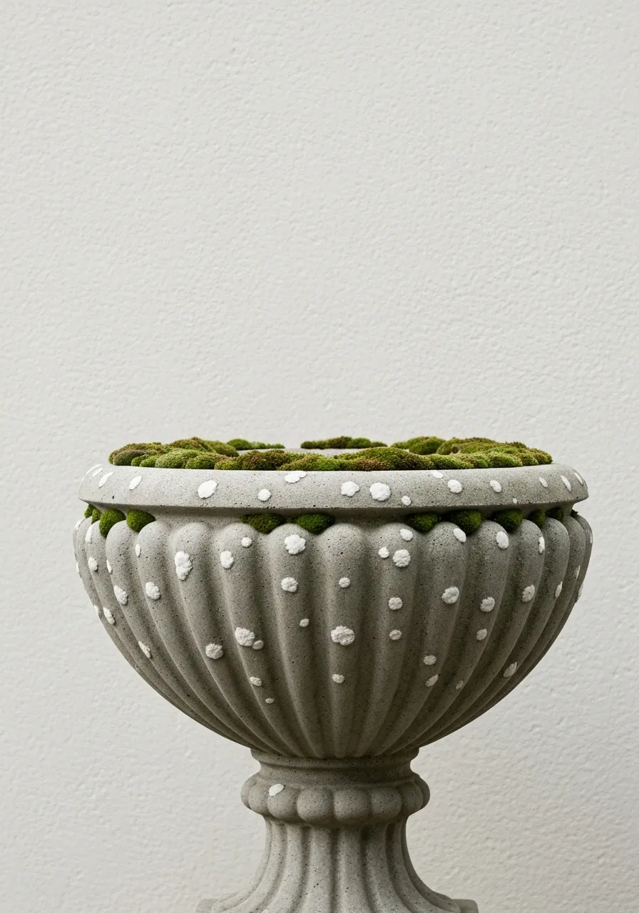 Aged concrete urn developing natural moss patina