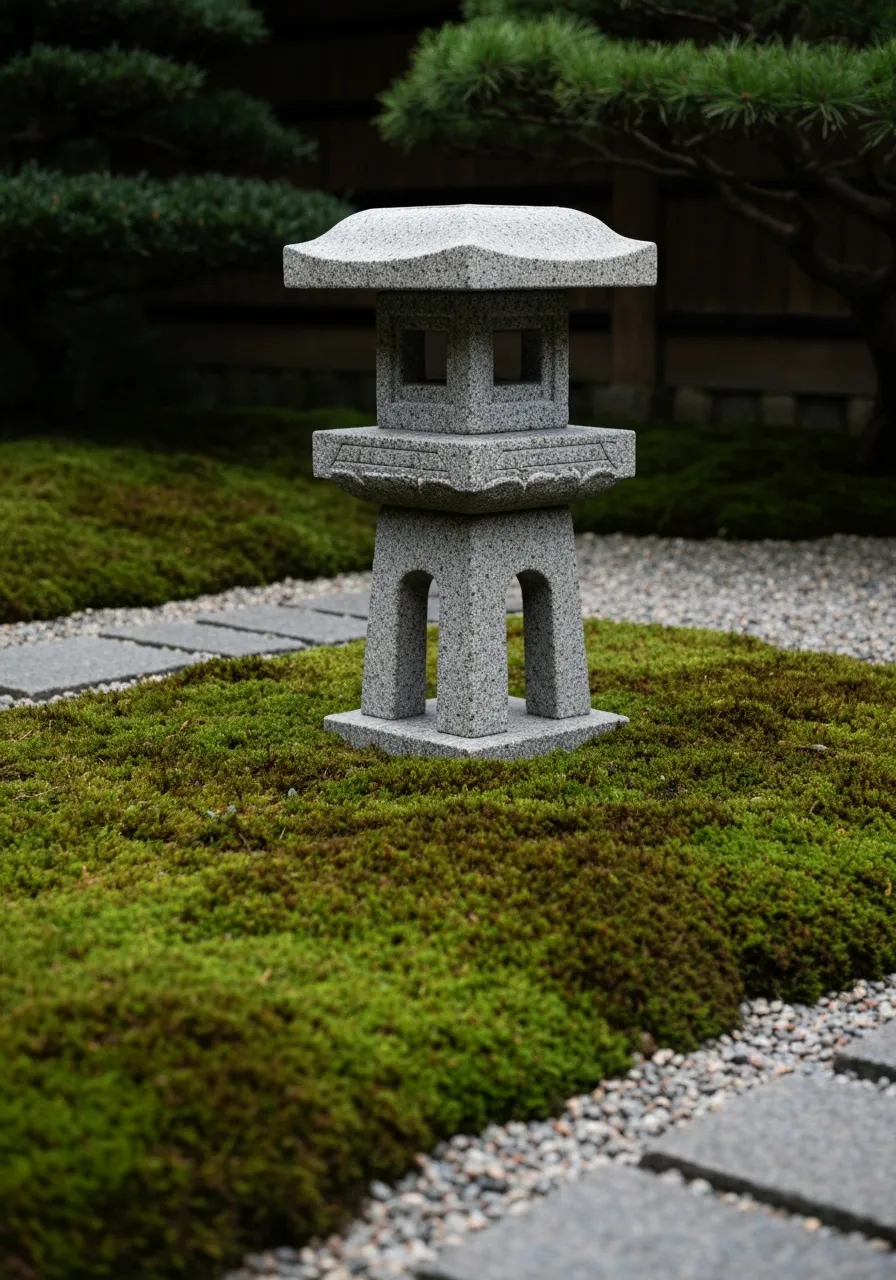 Traditional Japanese stone lantern integrated with moss