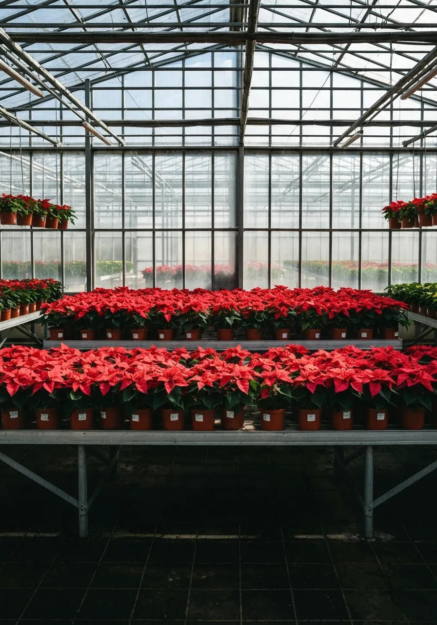 Warm imagery of poinsettia crops in peak color inside a nursery greenhouse