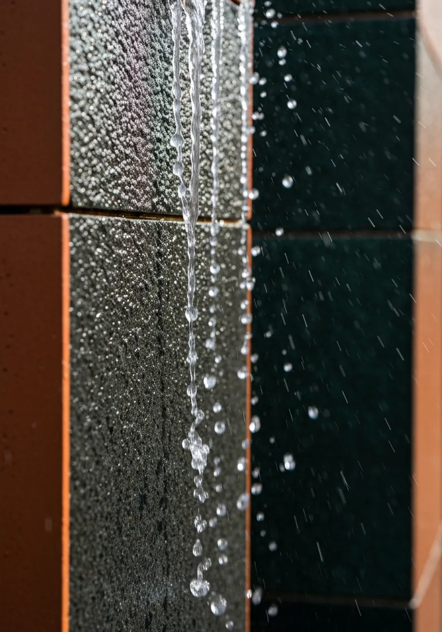 Vertical close up of water sheeting against textured dark architectural stone