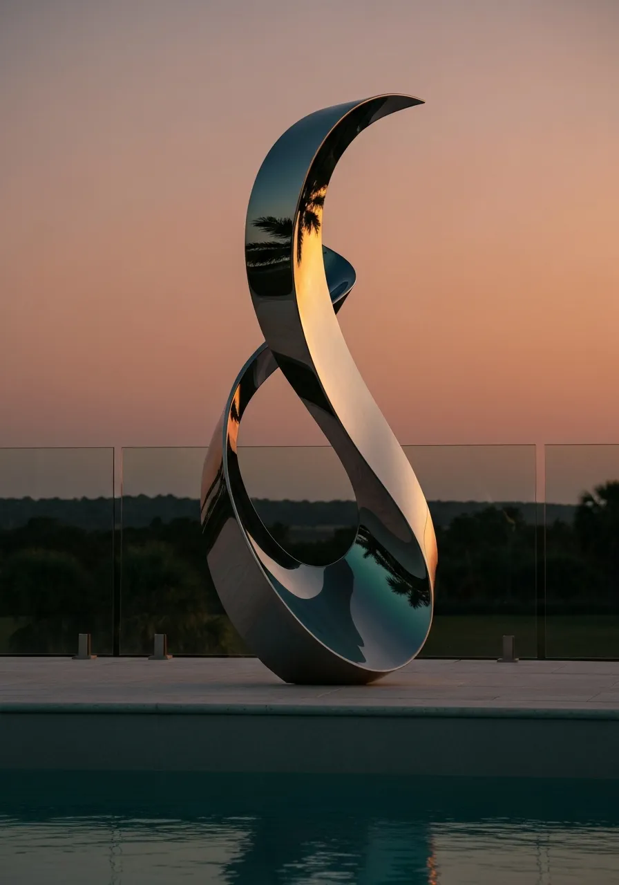 Abstract fluid stainless steel sculpture showing compound curves