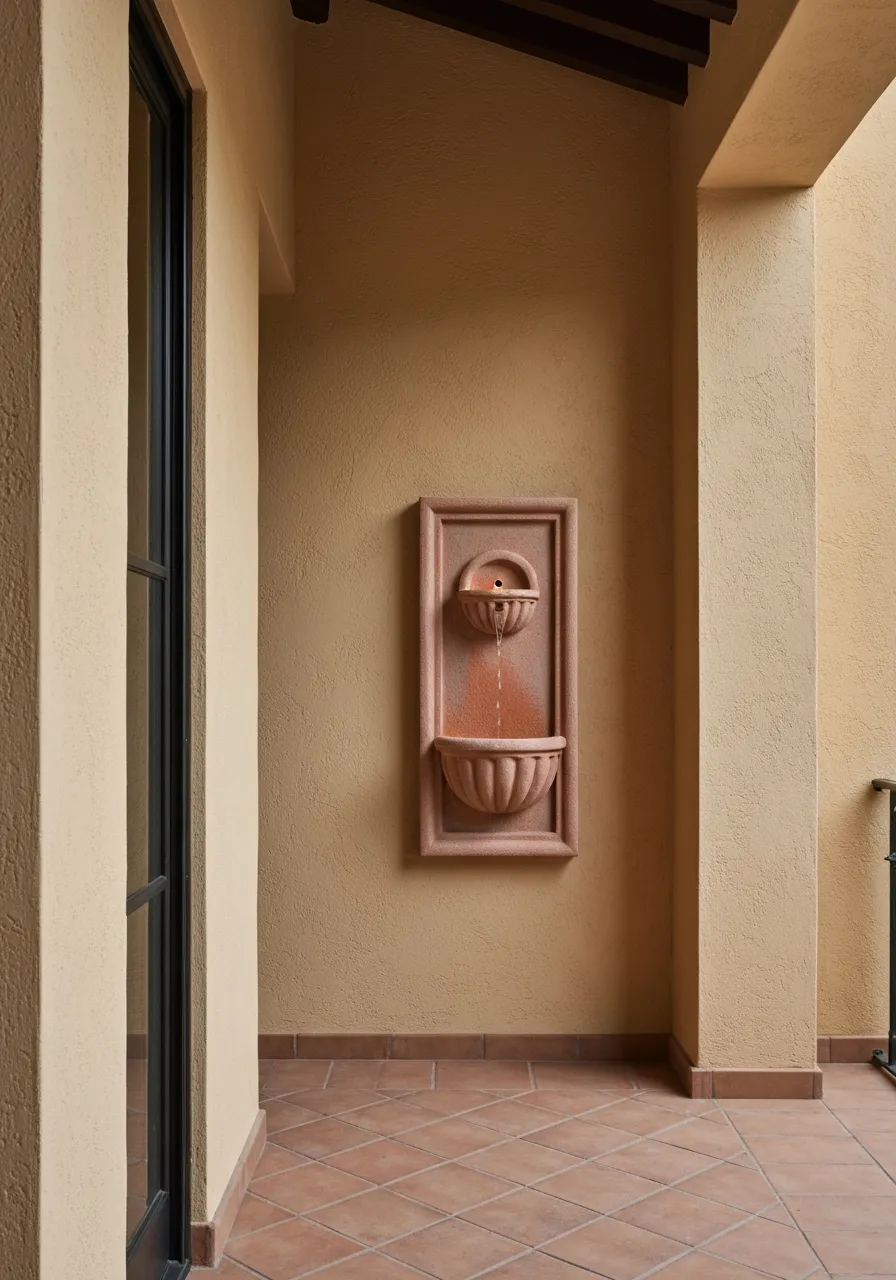 A freestanding wall fountain placed gracefully within a narrow loggia space.