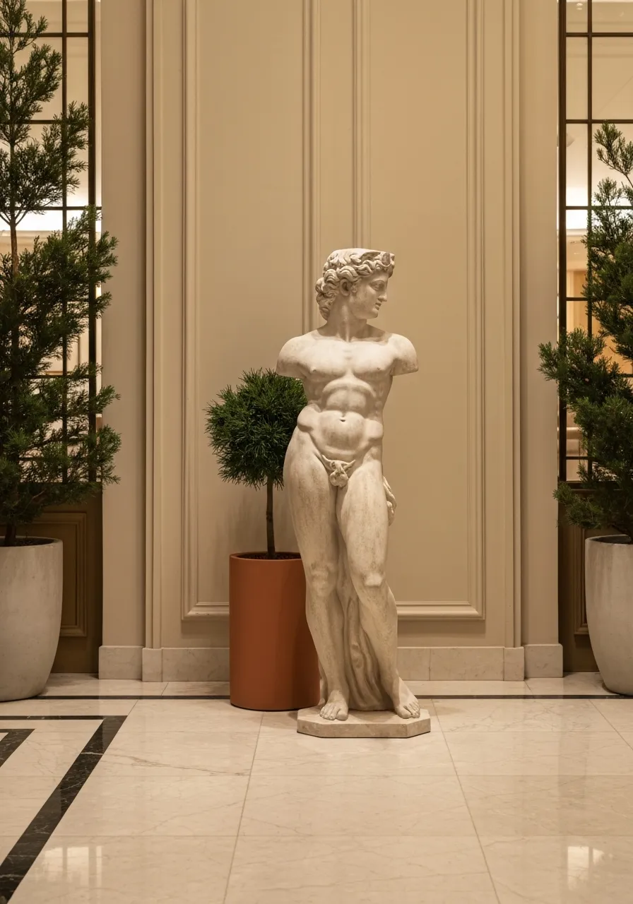 Statuary displayed on delicate interior flooring