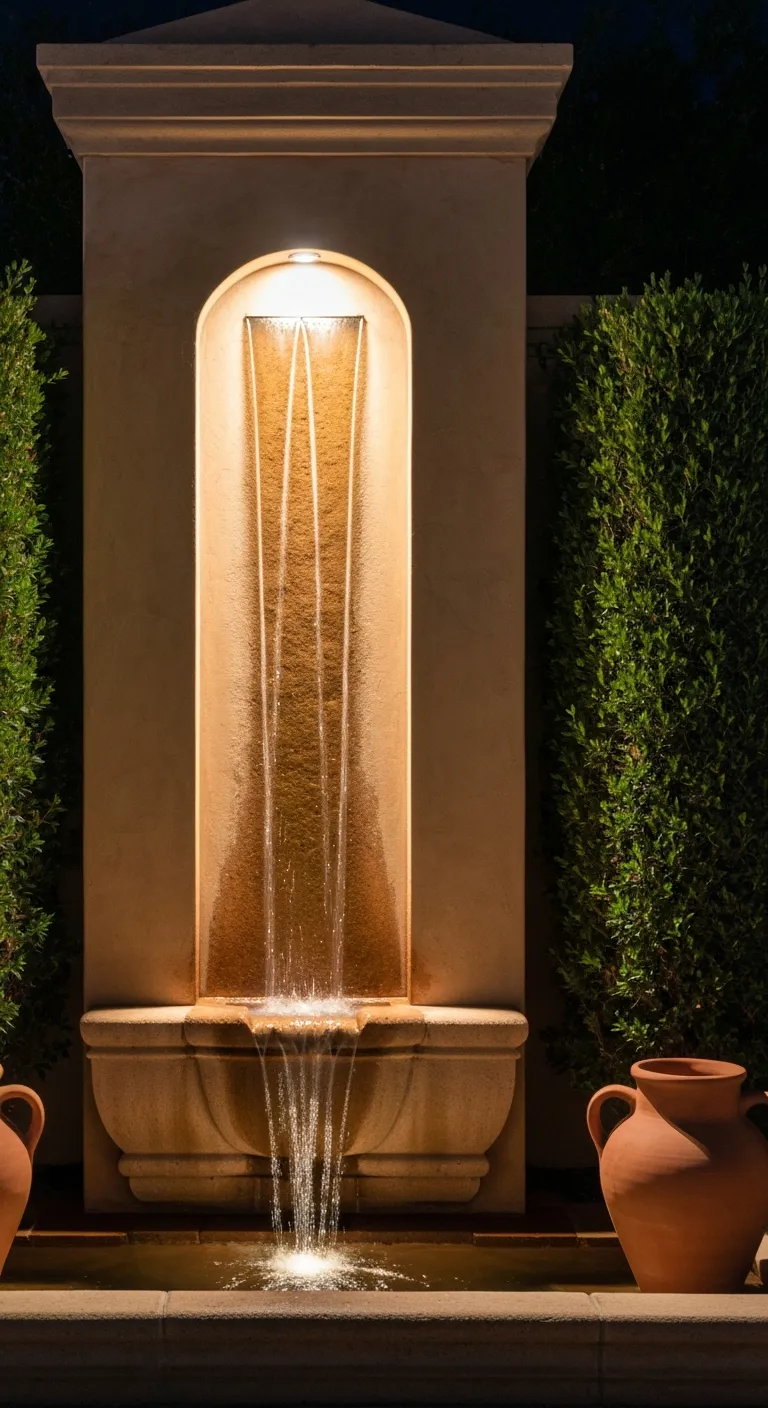 Vertical night shot of a lit wall fountain in a tight architectural setting