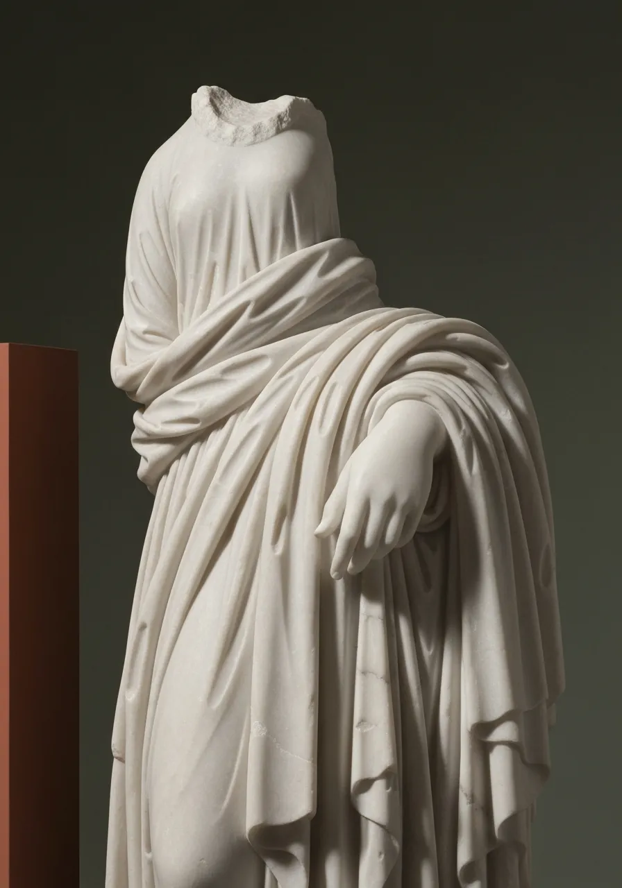 Fine art detail crop of white marble sculpture showcasing delicate drapery