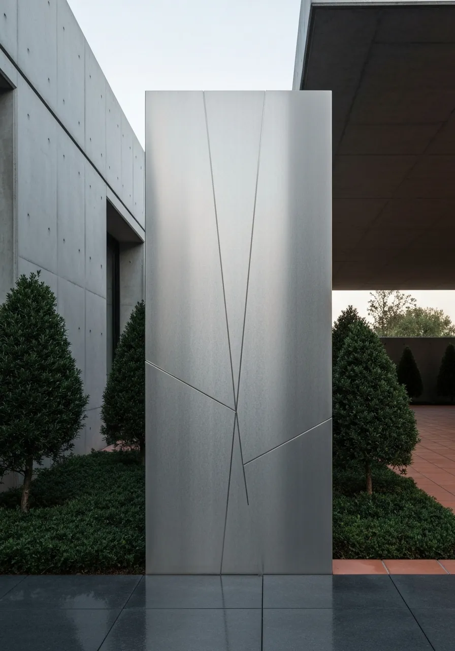 Geometric stainless steel sculpture with sharp 90 degree angles