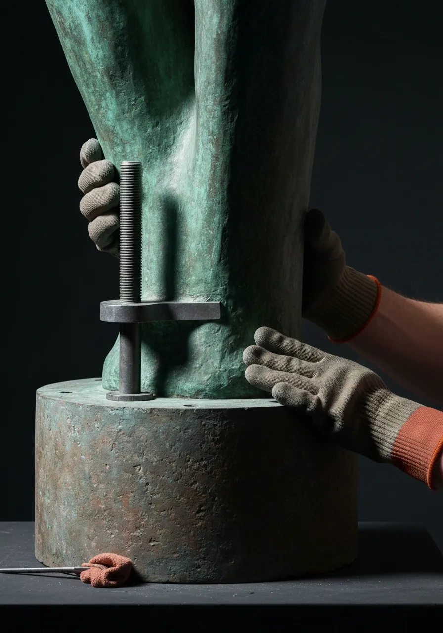 Fine art detail of heavy statuary being permanently mounted