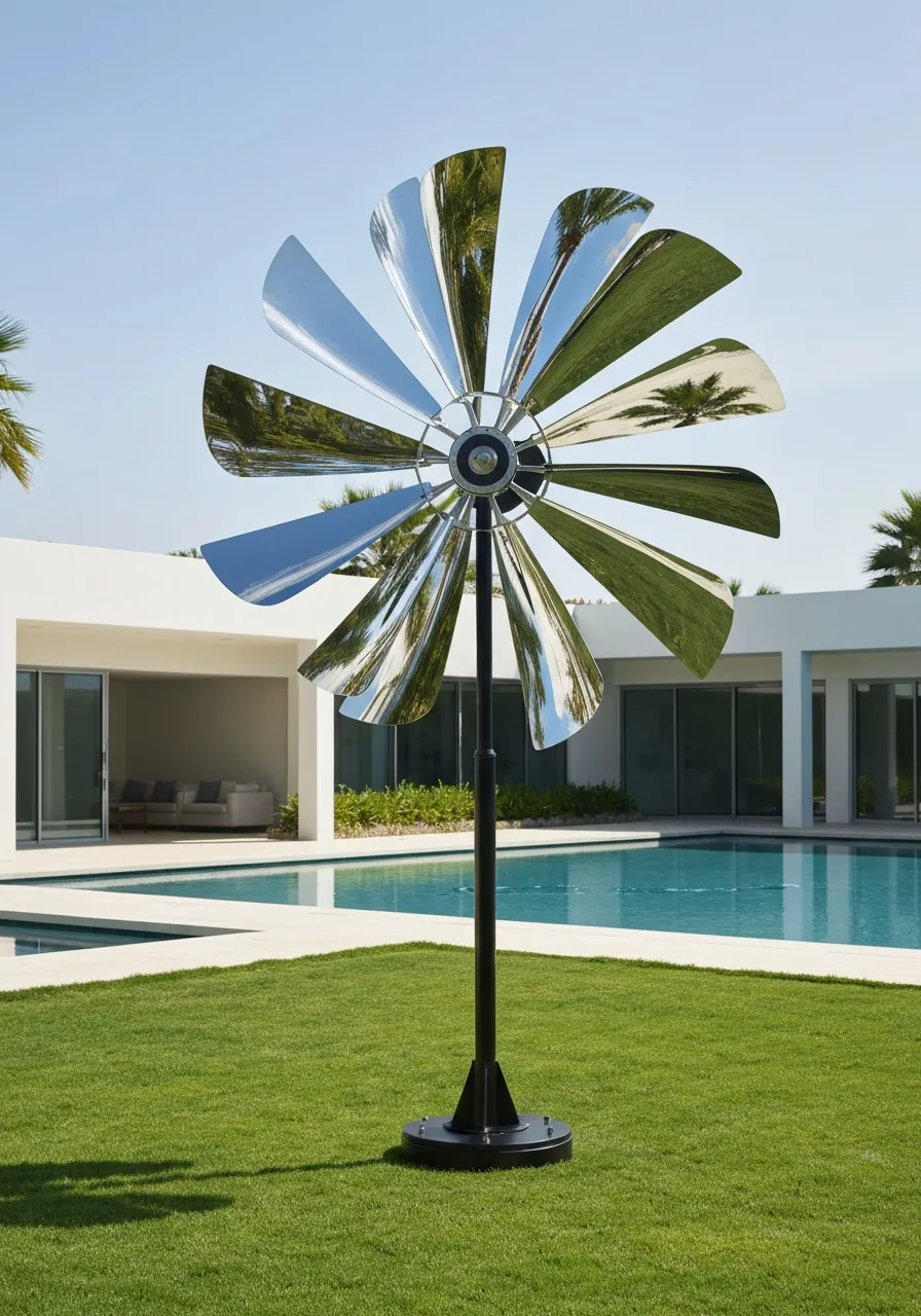 Kinetic wind-driven stainless steel sculpture engineered for movement