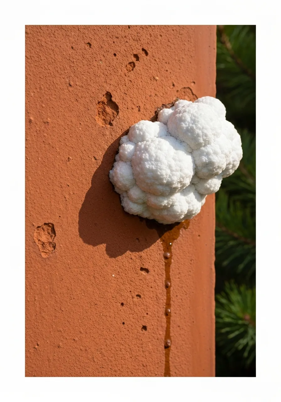 White mineral salt bloom on aged pot