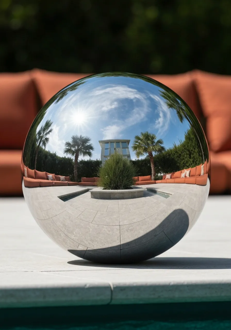 Mirror polished stainless steel sphere sculpture reflecting palm trees