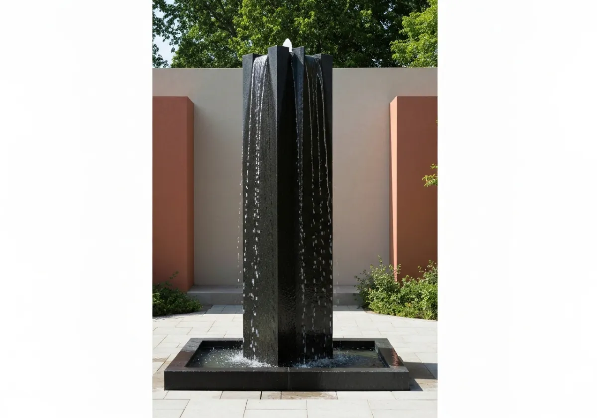 A sharp-edged stone monolith architectural fountain