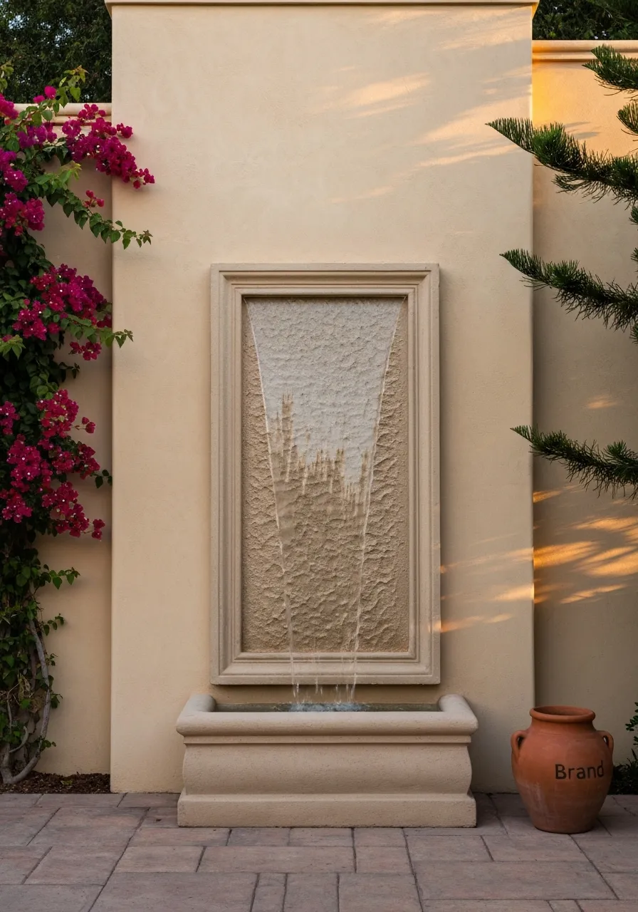 Wall fountain centered perfectly along architectural door and window sightlines