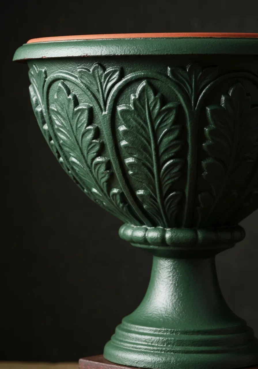 Tightly cropped detail of cast iron foliate fluting showcasing resolution