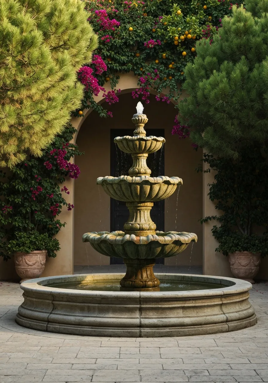 Complex multi-tier traditional fountain in a classical setting