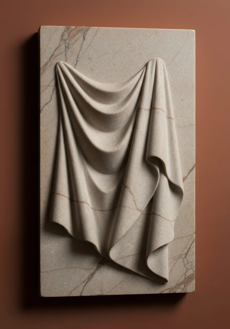 Fine art detail crop of carved marble drapery and stone veining under raking light.