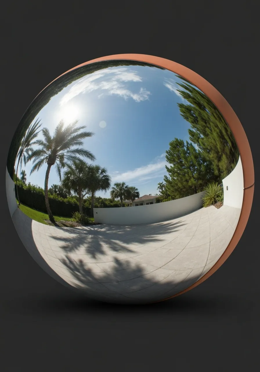 Mirror-polished stainless steel sphere reflecting sky and palms