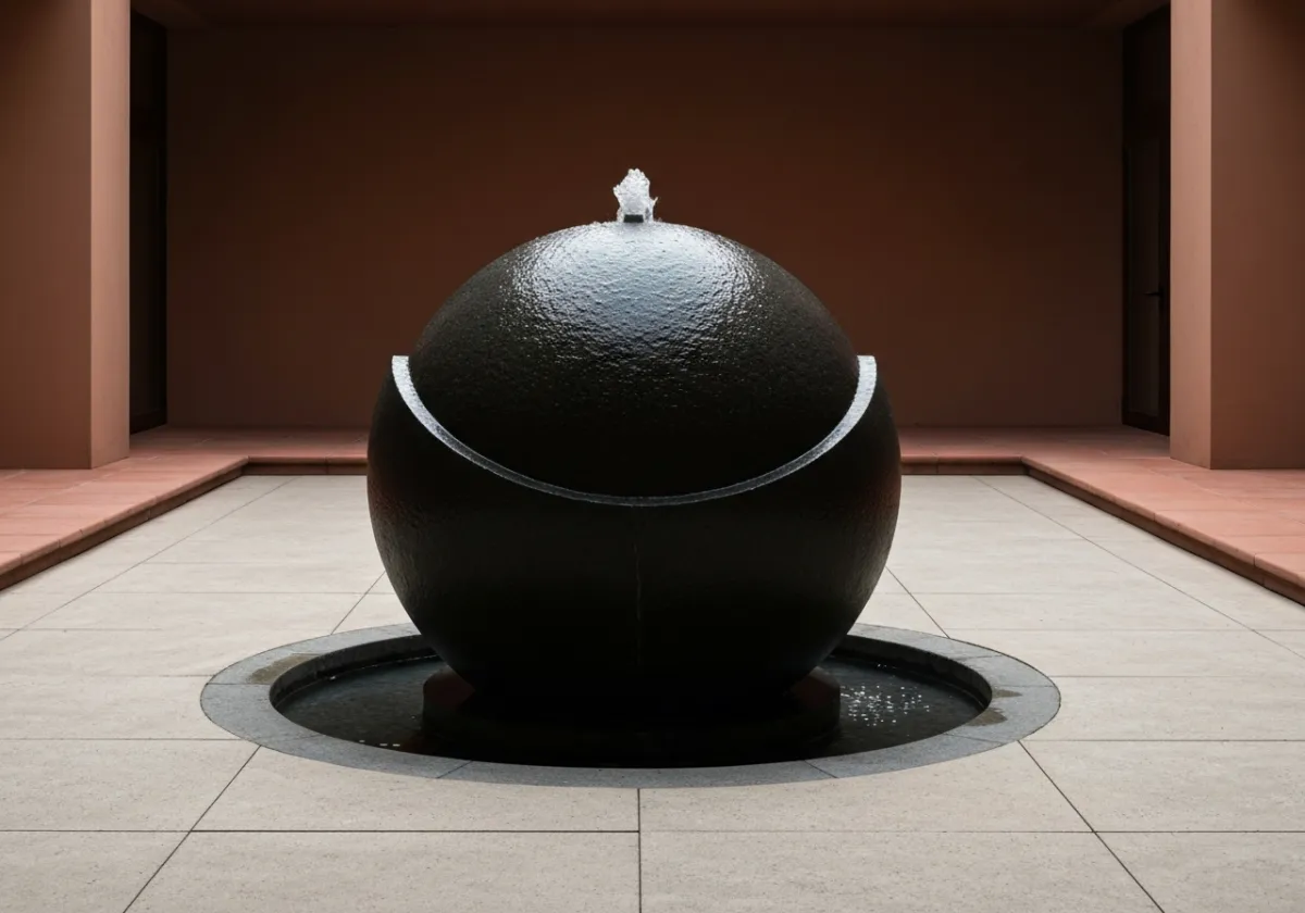 A minimalist architectural sphere fountain in a garden setting