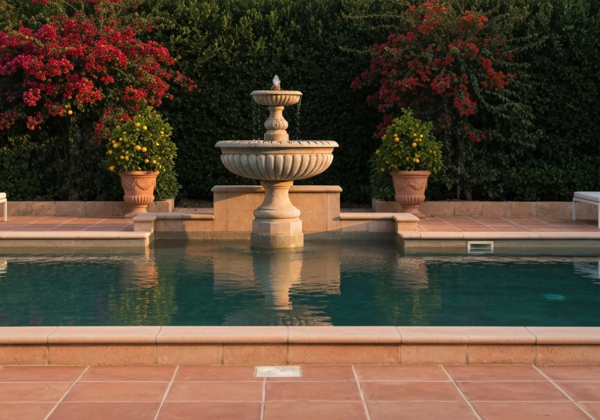 Classical water spouts and masonry urns framing a luxurious pool area
