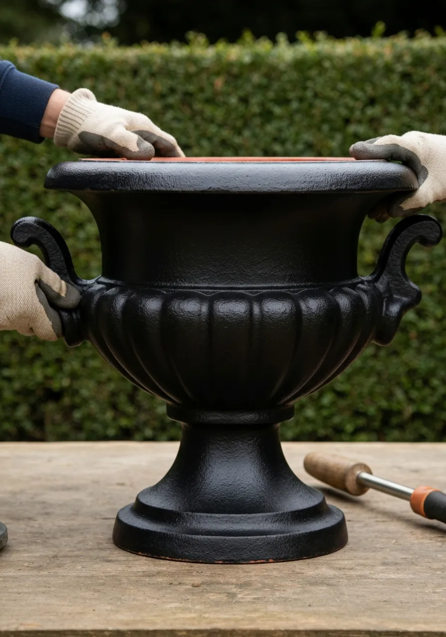 Detailed shot of a heavy cast iron urn being carefully leveled