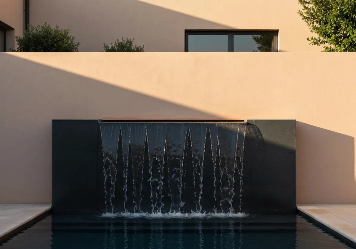 A sharp-edged, minimalist horizontal water wall architecture