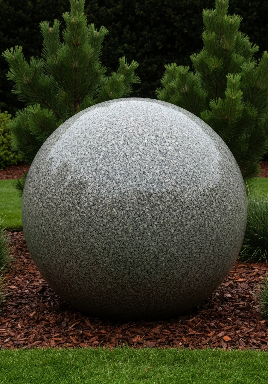 Polished modern granite sphere placed against wild organic planting