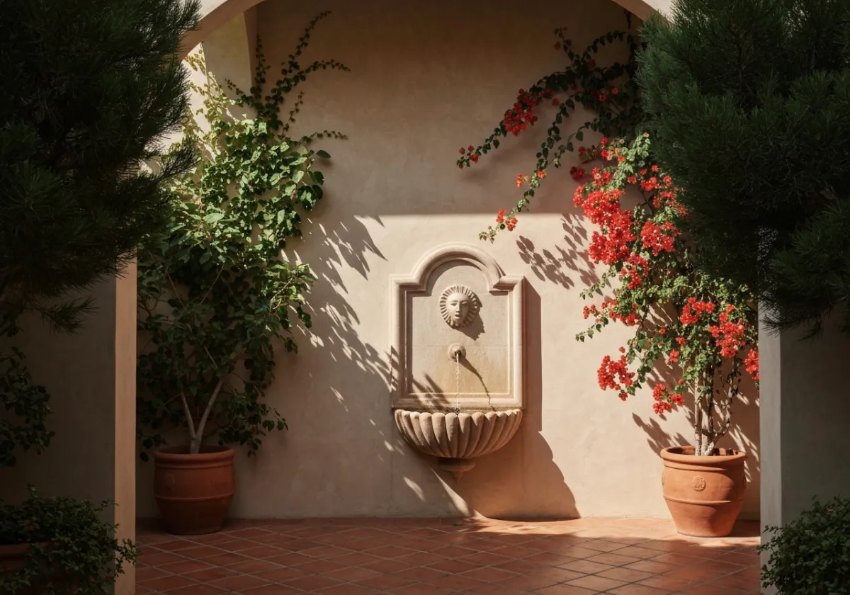 A geometric wall fountain in a shaded loggia courtyard