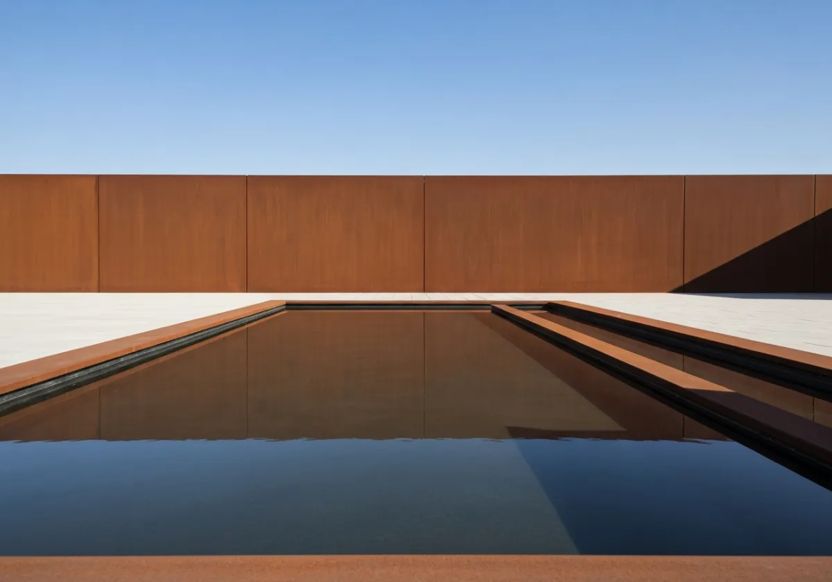 A serene, flat reflecting basin fountain with zero-edge styling