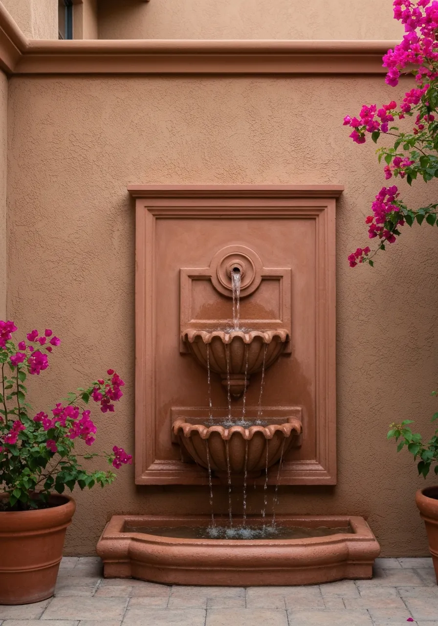 A vertically proportioned, mounted wall fountain against a textured stucco substrate.
