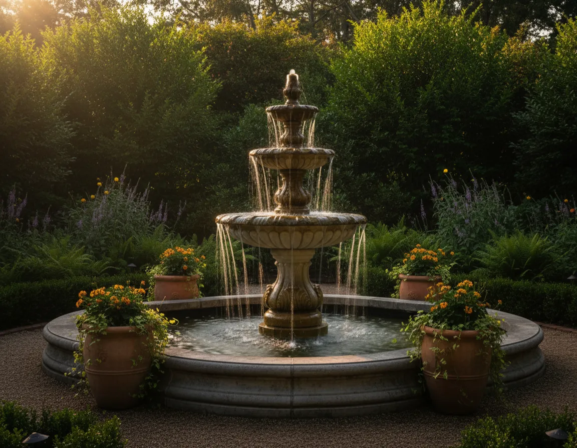 Multi-tier stone garden fountain surrounded by landscaped greenery and flowering planters.