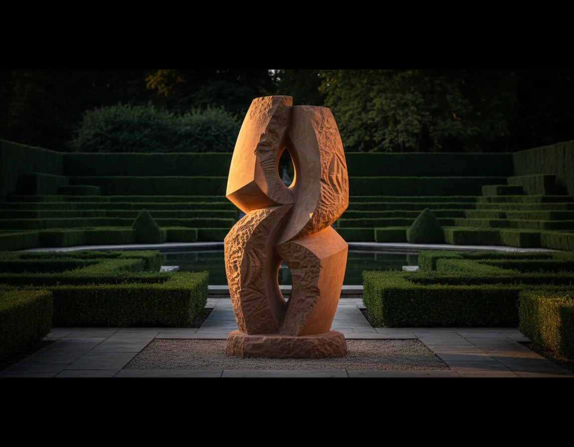 Modern abstract stone garden sculpture displayed in a landscaped outdoor garden.