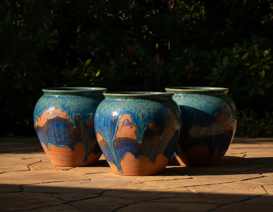 Handcrafted glazed ceramic garden pots in blue and bronze finishes displayed outdoors.