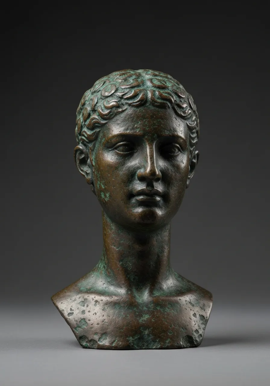 Close-up of deeply weathered bronze statuary with green and brown patina
