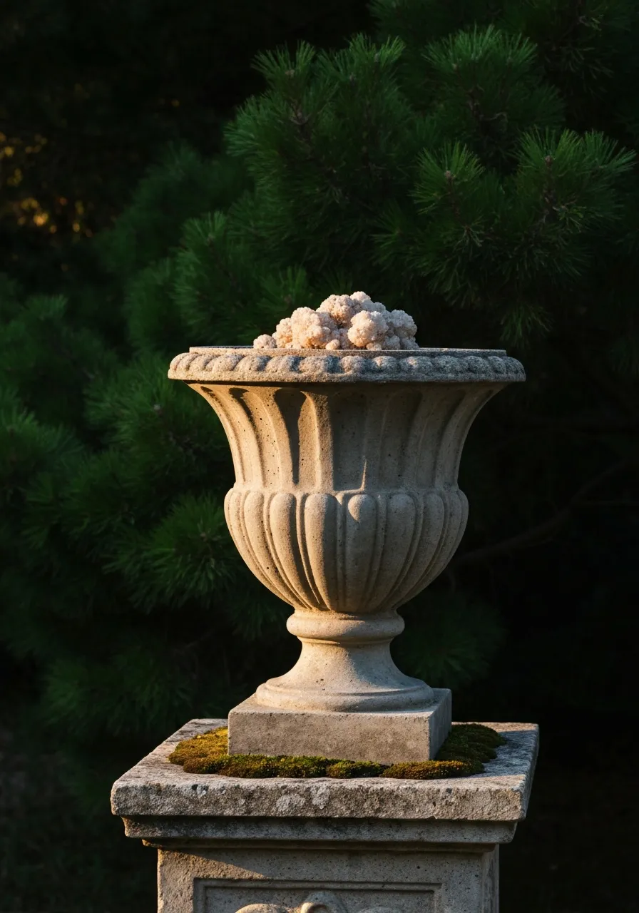 A classical cast concrete urn resting on a detailed pedestal amidst an aged Mediterranean garden setting.