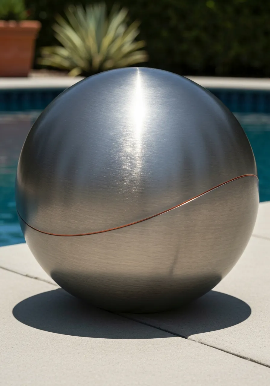 Brushed satin stainless steel sphere with soft grey grain