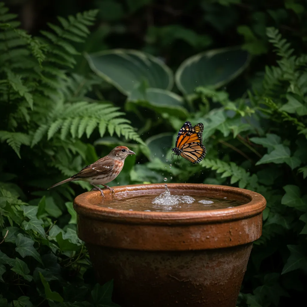 A garden fountain attracting birds and butterflies, creating a vibrant wildlife haven