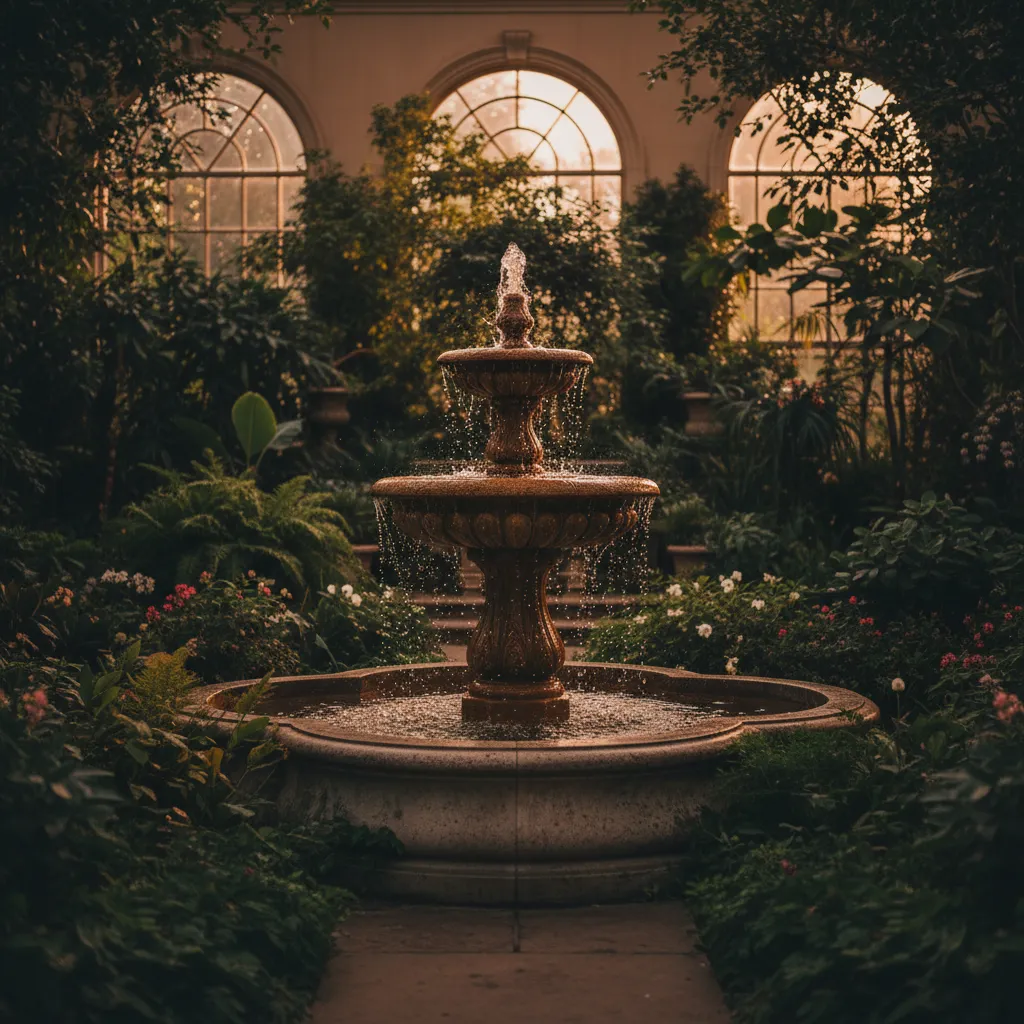 A classic tiered fountain bringing soothing water sounds to a lush garden