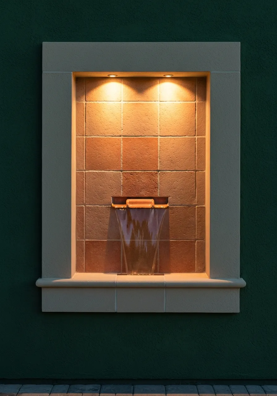 A built-in wall fountain recessed seamlessly into a luxury estate's exterior wall.