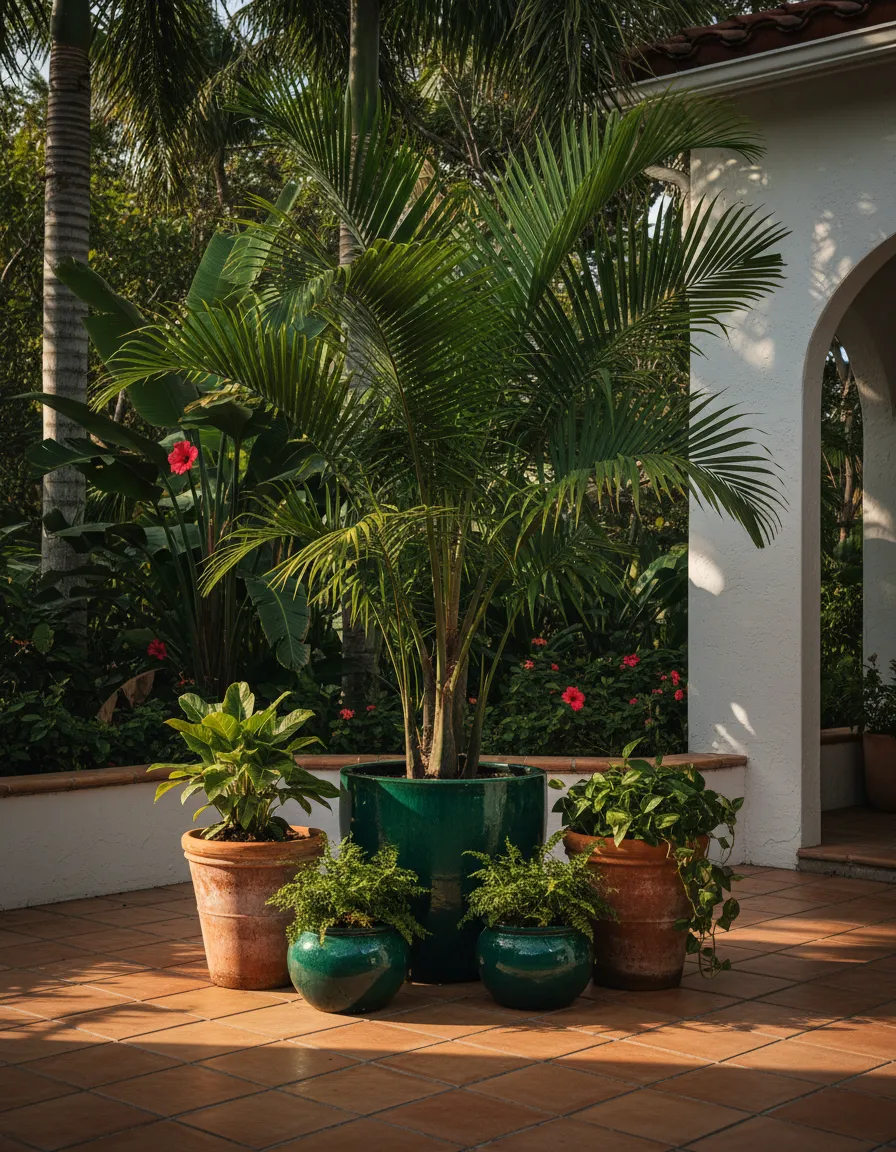 Stunning lifestyle photo of grouped outdoor planters on a luxury South Florida patio
