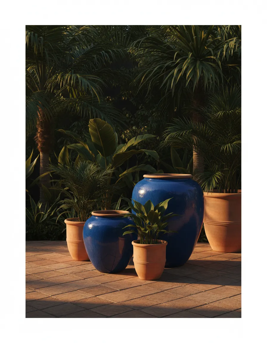 Large glazed ceramic planters and terracotta pots.