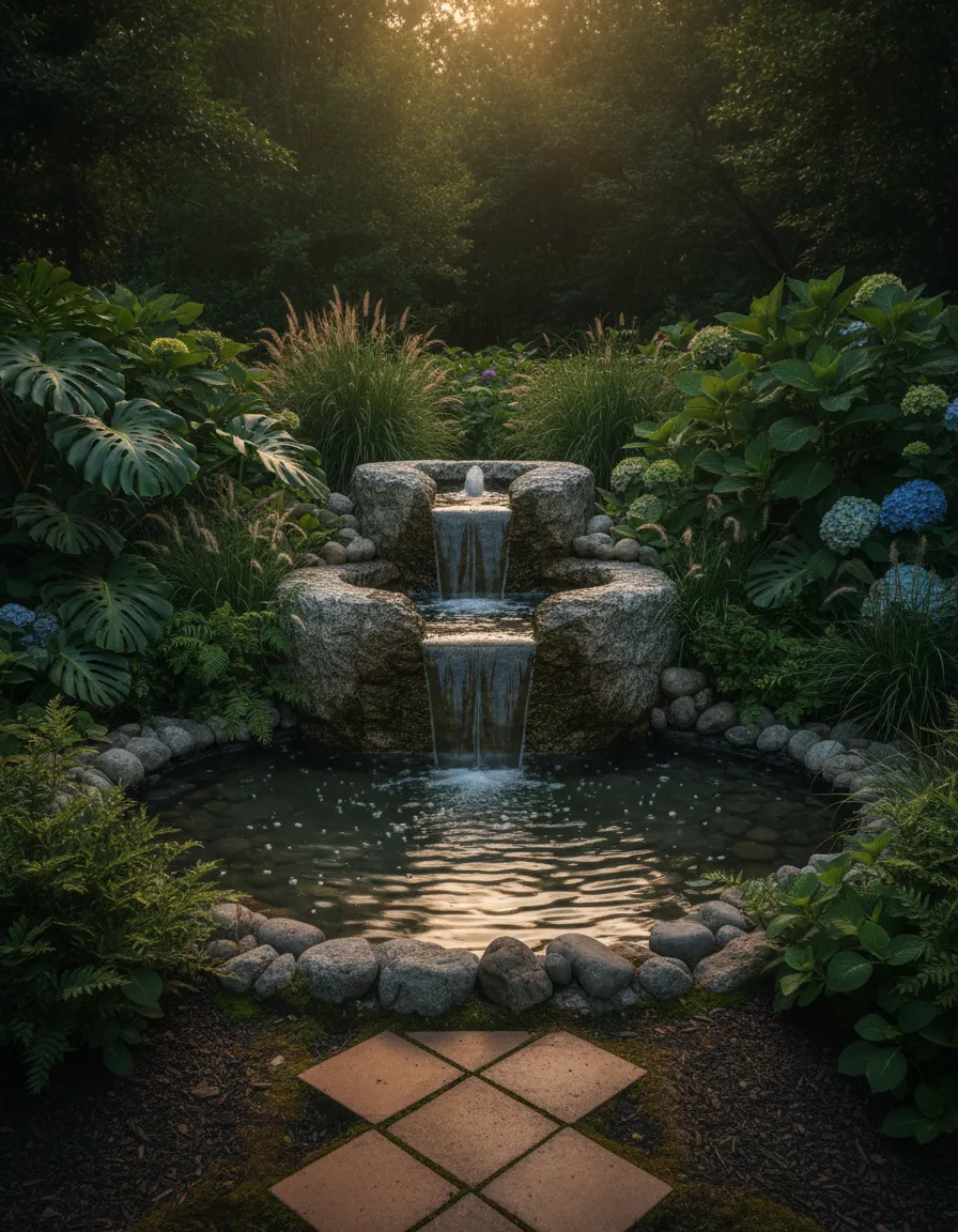 Tranquil outdoor garden water fountains 