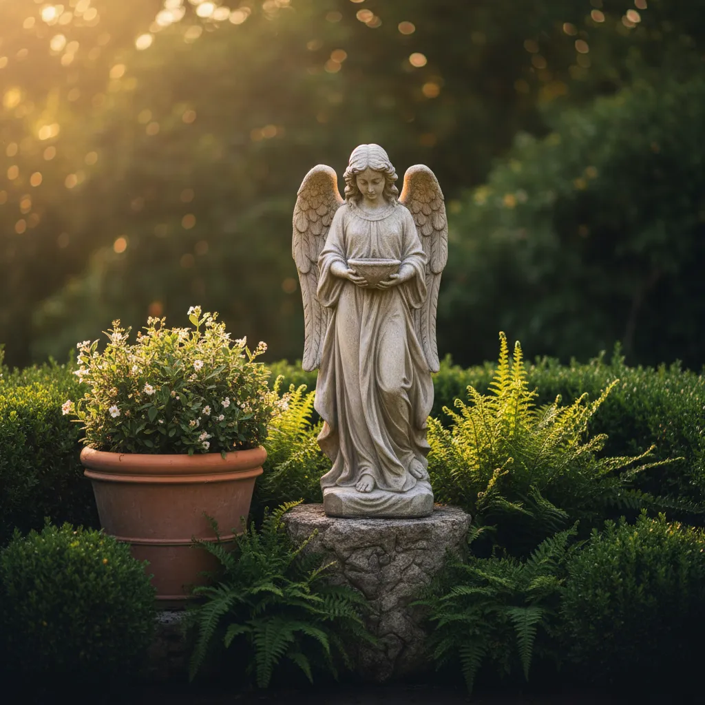 Angels and religious statuary in garden setting