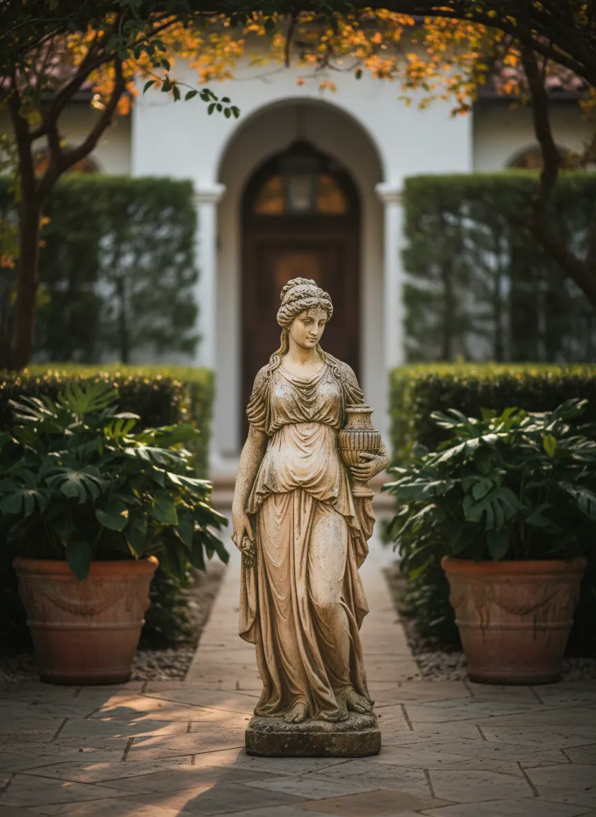 Editorial photo of a stunning garden statue surrounded by lush botanical elements