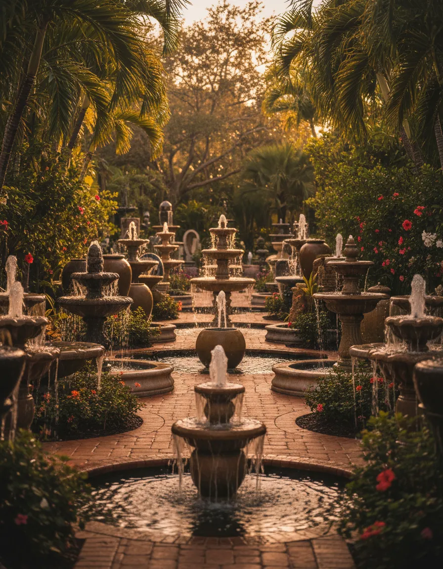 Outdoor fountain display yard in Boynton Beach at Floral Acres Planters