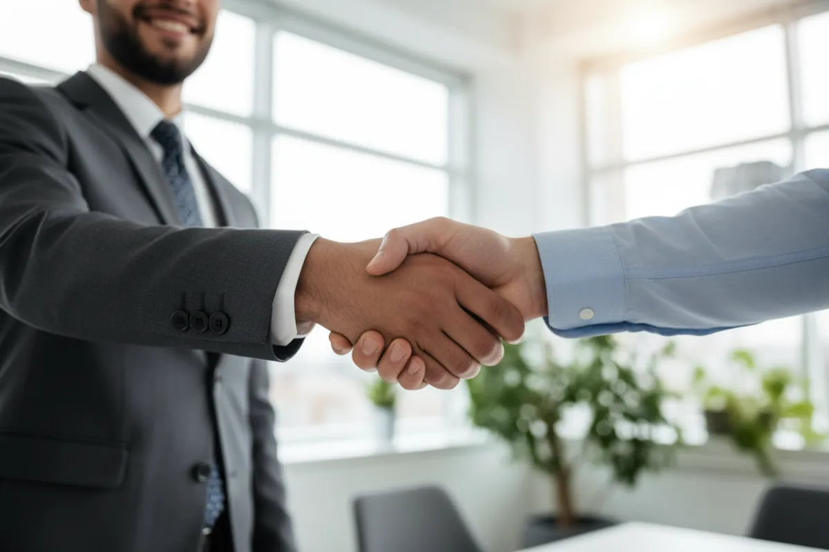 A close-up of a handshake between a recruiter and a candidate, with a blurred background of a bright, modern office. The image conveys trust, partnership, and professionalism, with both individuals smiling and making eye contact.