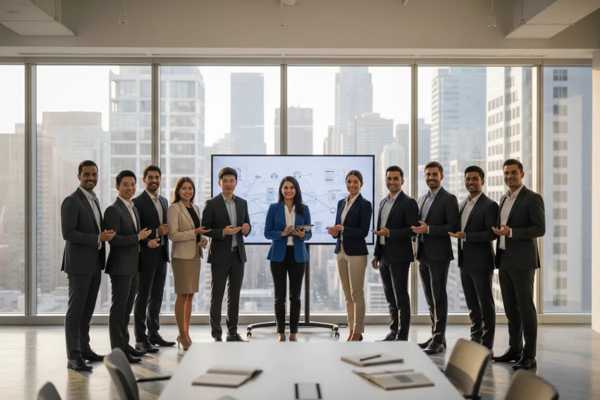 A diverse group of professionals in business attire, representing various industries, stand together in a modern office with large windows and city views. The group includes men and women of different ages and ethnicities, exuding confidence and teamwork.