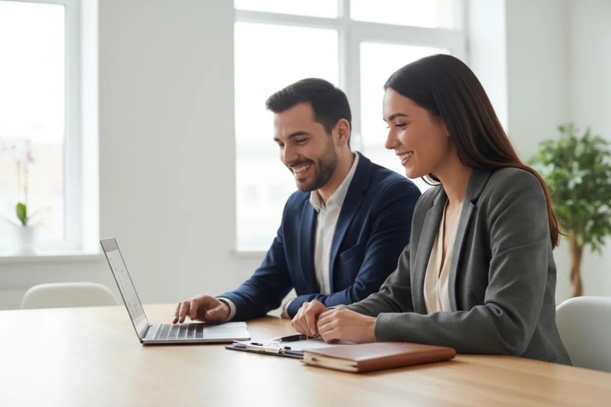 A young professional woman reviews her resume with a recruiter in a bright, modern workspace. Both are smiling and engaged, with a laptop and notepad on the table, suggesting a supportive, people-focused environment.