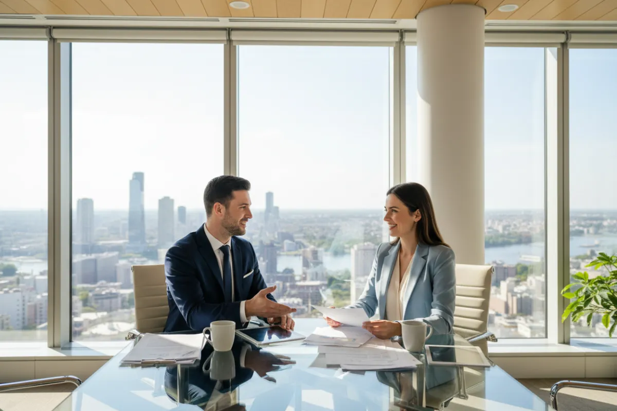 A professional man and woman sit at a glass table in a bright office, discussing documents and smiling. The setting is modern, with natural light and cityscape views, reflecting approachability and expertise.