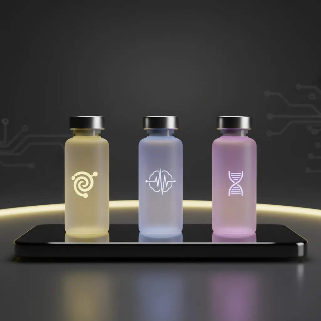 A futuristic display of three peptide vials labeled 'Immunity', 'Focus', and 'Balance' on a black mirrored tray, with soft yellow and purple ambient lighting.